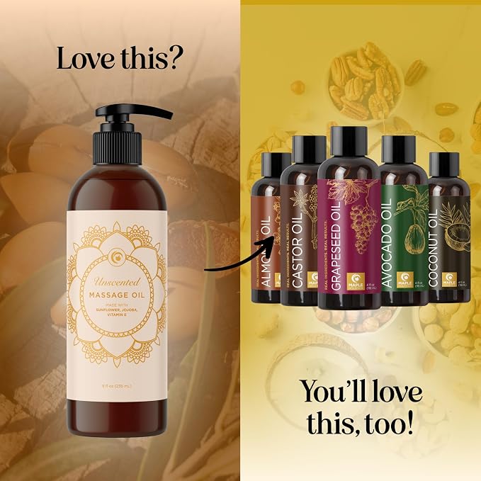 Unscented Massage Oil for Massage Therapy - Gentle and Luxurious Unscented Body Oil Full Body Care with Sweet Almond Sunflower Jojoba and Vitamin E - Vegan Non GMO & Gluten Free (8 Fl Oz)