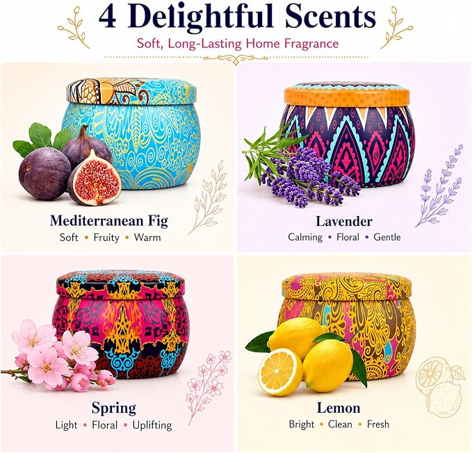 Scented Candles Gift Set for Women, 4 Pack Soy Wax Candles in Classic Bohemian Tins, Aromatherapy Candle Set, Birthday Gifts for Mom, Thank You Gifts