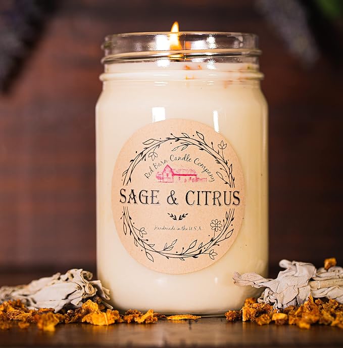 Sage & Citrus Aromatherapy Candle 12 oz | 100% All-Natural Soy Wax & Essential Oil Infused | 40+ Hour Burn Time | Pet Safe + Smoke Odor Eliminating | Handmade in U.S.A. | Non-Toxic Candles