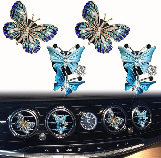 4 Pcs Blue Bling Butterfly Car Air Fresheners Vent Clips Diffuser Vent Clip Rhinestone Diamond Decoration Car Interior Decor Cute Accessories for Women, Automotive Air Fresheners（2 styles）