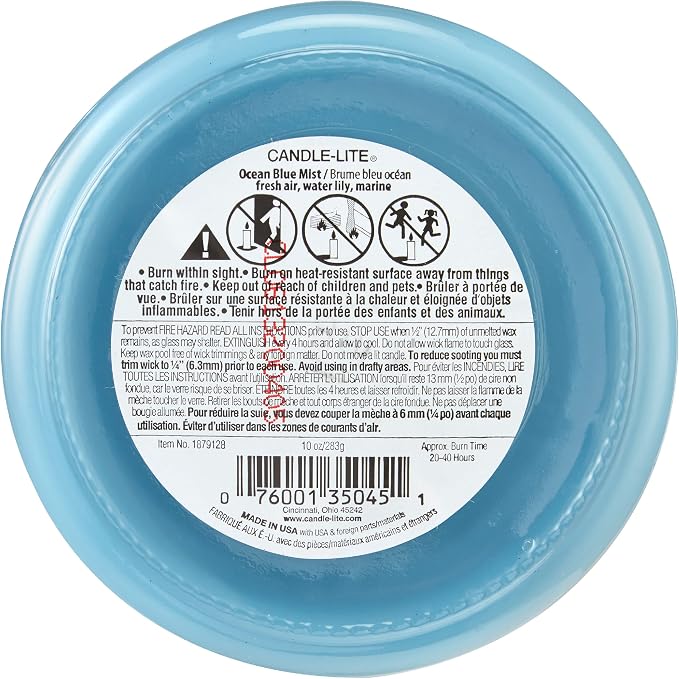 CANDLE-LITE Ocean Blue Mist Scent 3-Wick Aromatherapy Candle with 20-40 Hours of Burn Time, 10 oz