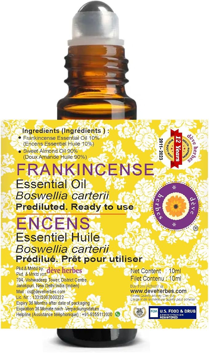 Deve Herbes Frankincense Essential Oil Pre Diluted Ready to Use Roll-on Blend 10ml (0.33 oz)