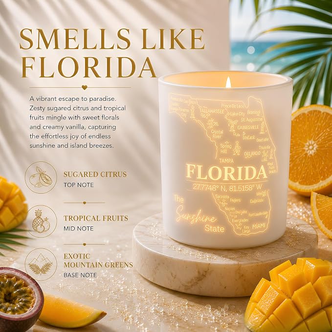 Florida Gifts - Glow-Through Engraved Candle - w/Tropical Fruits & Sugared Citrus Soy Candle I Florida Decor for Home I Florida Souvenirs I Florida State Gifts I 9oz Jar, 50Hr Burn, USA Made
