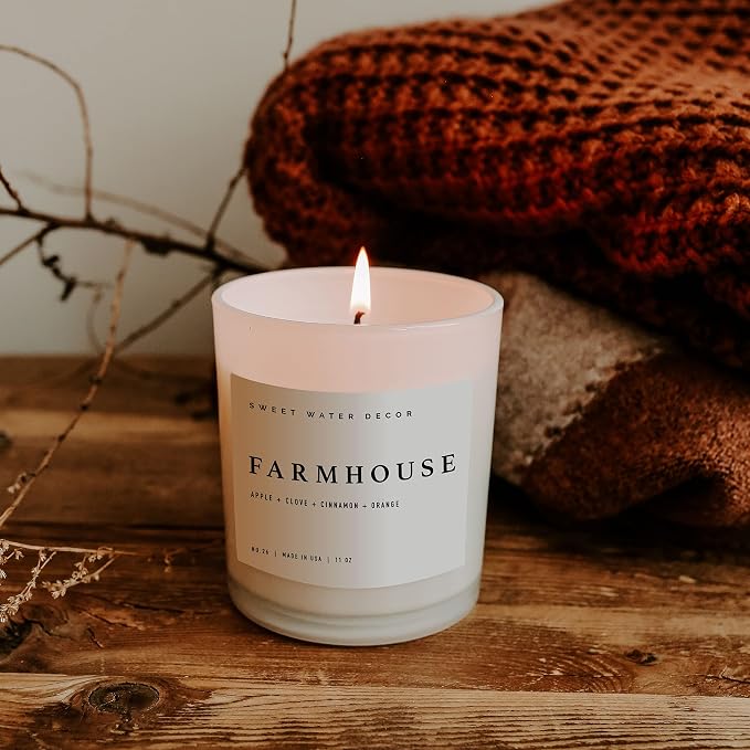 Sweet Water Decor Farmhouse Candle | Autumn, Cinnamon, and Nutmeg, Fall Scented Soy Candles for Home | 11oz White Glass + Wood Lid, 50+ Hour Burn Time, Made in the USA