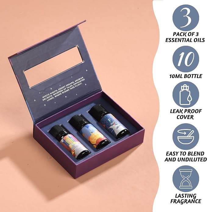 Folkulture Essential Oils Set for Diffuser | Pack of 3 Exotic Aromatherapy Oils | Oud Rose, Oud Tobacco & Amber Scents | Home Fragrance Gift Set for Relaxation & Eid Gifts | Arabian Nights