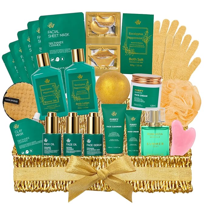 Gifts for Women & Men, Eucalyptus 32 Pcs Bath & Body Gift Basket for Women & Men, Fathers Day Gift, Hydrating Face Skin Care Kit, Self-Care Home Spa Basket Gift Set, Birthday, Christmas, Anniversary