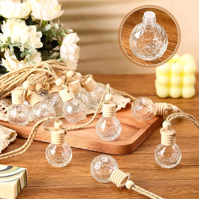 BBTO 50 Pcs Hanging Car Air Freshener Car Diffuser Bottles Empty Glass Perfume Bottle Freshener Diffuser Bottle Pendant for Essential Oil Fragrance Aromatherapy Ornament(Round Diamond)