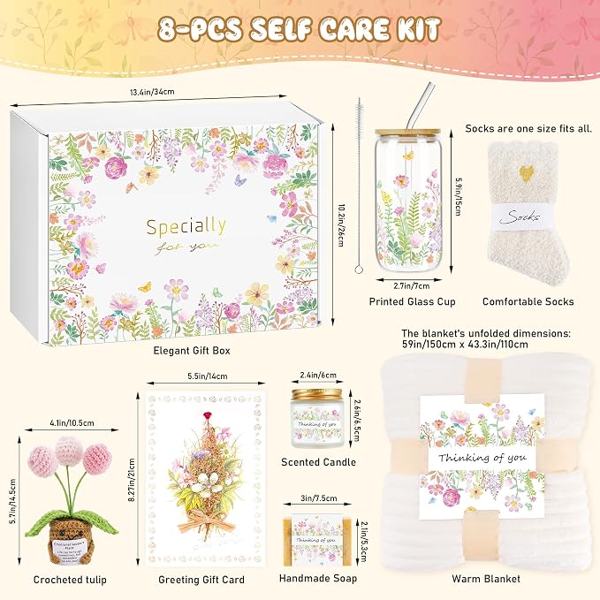 8 PCS Self Care Gifts for Women, Spa Gift Basket Care Package with Blanket, Glass Cup, Candle & Socks, Thinking of You Birthday Relaxation Gifts for Mom Sister Friend Wife Teacher Her