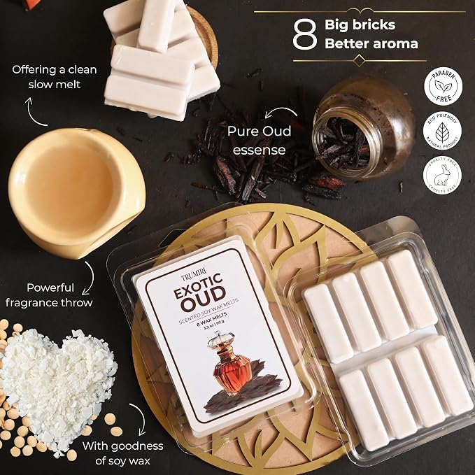 TRUMIRI Exotic Oud Scented Wax Melts - Made with Non Toxic Soy Wax and Essential Oils - Long Lasting Strong Scent for Men Candle Wax Cubes Tarts for Warmers Pack of 4