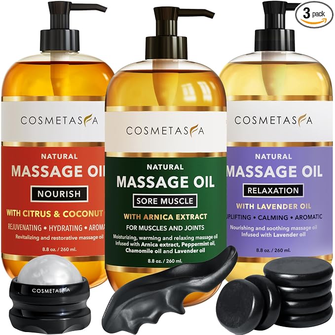 Cosmetasa Massage Oil Spa Gift Set for Women – Relaxing Lavender, Warming Arnica & Nourishing Citrus & Coconut Oils – Includes Roller Ball, Thumb Saver & Hot Stones – Self Care Kit & Body Massage Oils