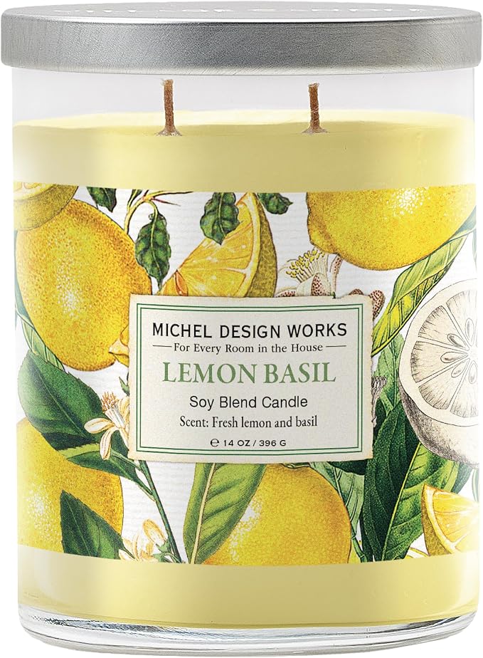 Michel Design Works Lemon Basil Scented Candle, 14 oz Soy Blend Dual Wick Glass Jar Candle with Lid, 75 Hour Burn Time, Citrus Herbal Home Fragrance Gift
