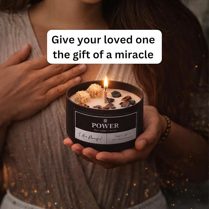 Power Crystal Candle for Meditation, 8oz Scented Candles with Tigers Eye and Obsidian Healing Crystals, Black Pepper Vetiver Aroma for Good Fortune, Spiritual Room Decor Great Gift for Women and Men