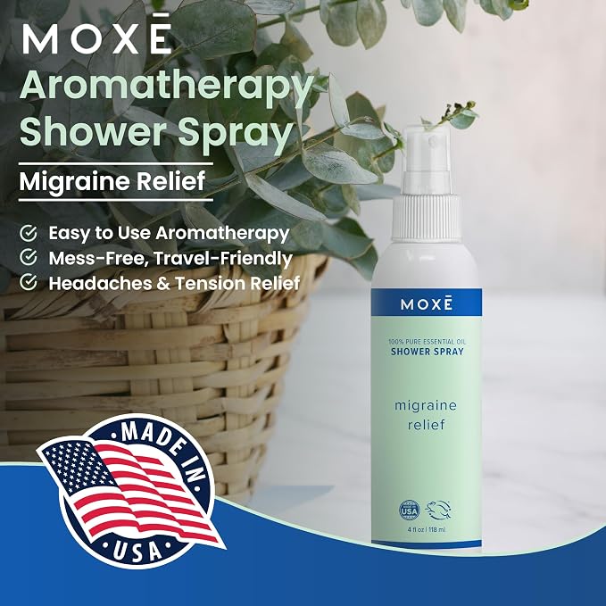 MOXE Migraine Relief Aromatherapy Shower Spray, Essential Oils for Headaches & Tension Relief, Natural 100% Essential Oils, Pure & Undiluted, Peppermint, Spearmint, Eucalyptus, Tea Tree, Made in USA
