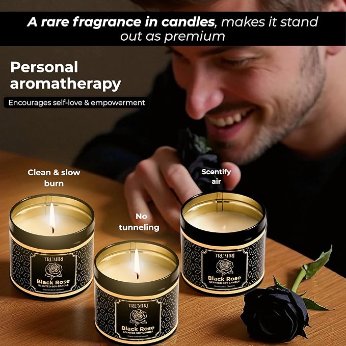 Black Rose Candle Strong Scented Soy Candel Clean Non Toxic Velas Aromáticas Gift for Women 5Oz Decorative Tin Jars with Lids Pack of 3