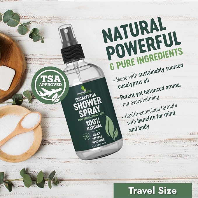 Pure Eucalyptus Shower Spray Travel Size (3.4oz) - 100% Pure and Organic Oil - Eucalyptus Spray for Shower, Sauna and Spa - Steam Room Oil - TSA Approved - Travel Size (3.4oz) - Made in USA
