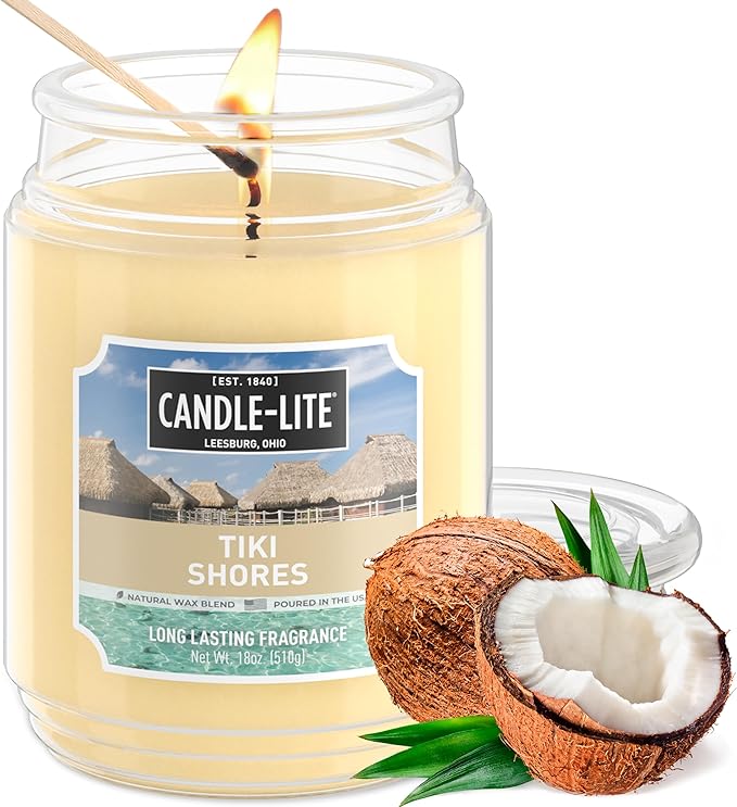 Candle-lite Scented Candles, Tiki Shores, 18 oz Jar, Proudly Poured in The USA, Aromatherapy Candle, Single-Wick with 110 Hours of Burn Time, Perfect for Creating a Refreshing Ambiance