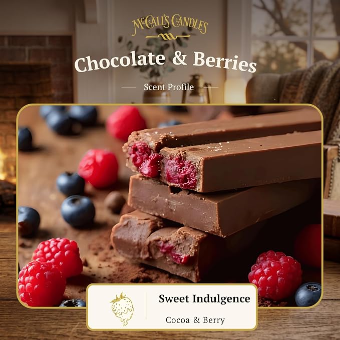 McCall’s Candles | Chocolate & Berries | 26 oz Scented Candle | USA-Poured | Vintage Rustic Jar with Carrying Handle | Raspberry & White Chocolate Fragrance