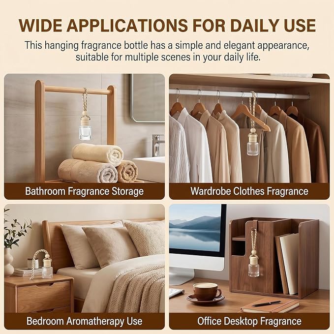 10 Pcs 5ml/0.17oz Hanging Car Air Freshener Bottles, Empty Clear Glass Diffuser Vials with Natural Wood Cap & Adjustable Rope, Refillable Car Perfume Pendant for Aromatherapy Fragrance Home Office