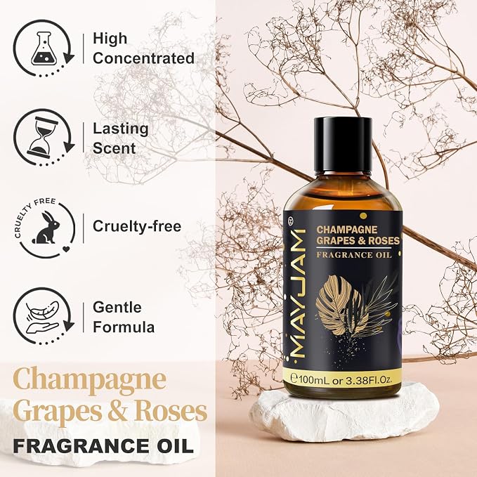 Champagne Grapes & Roses Fragrance Oil, MAYJAM 3.38FL.OZ Essential Oils for Diffusers for Home, Long Lasting Scented Oils for Soap Candle Making - 100ML