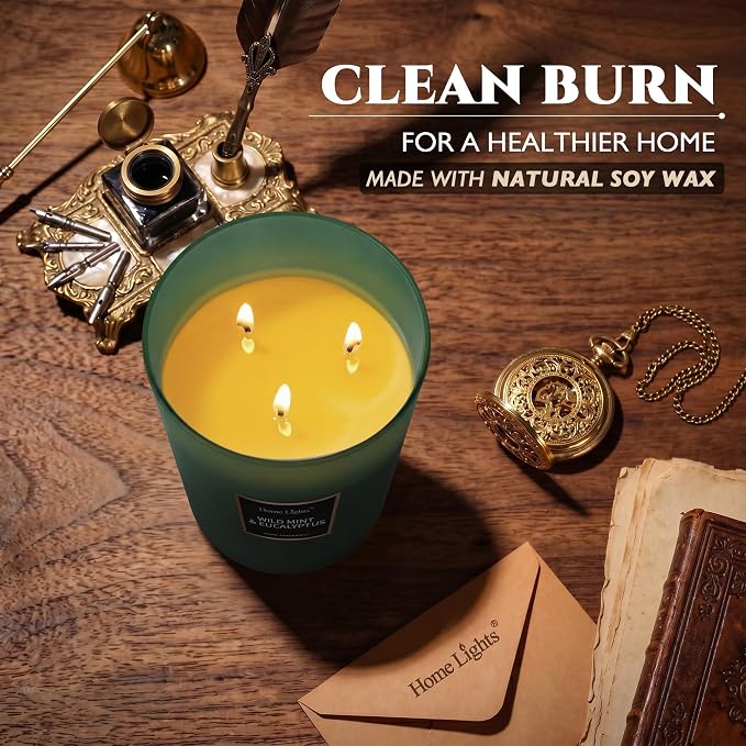 HomeLights Scented Candles - Large Jar Aromatherapy, Natural Soy Wax, 130 Hour Long Burning, Wild Mint & Eucalyptus