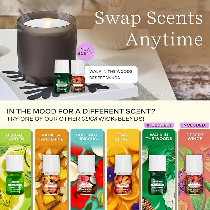 Lifelines Flameless Candle Aromatherapy Essential Oil Diffuser with 2 ClickWick Essential Oil Blends - Cordless & Waterless Diffuser for Home - Scented Electric Candles Blow Out Flame – Charcoal