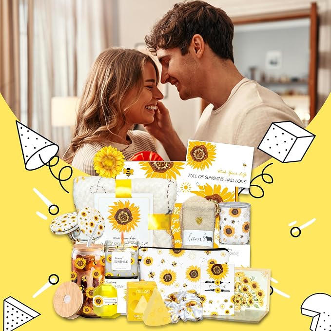 Sunflower Gift Baskets for Women,Sending Sunshine Unique Birthday Cheer Up Box Self Care Package,Get Well Soon Spa Gifts Set Box w/Blanket - Thinking of You Gift for Her,Girls,Women,Sister,Mom