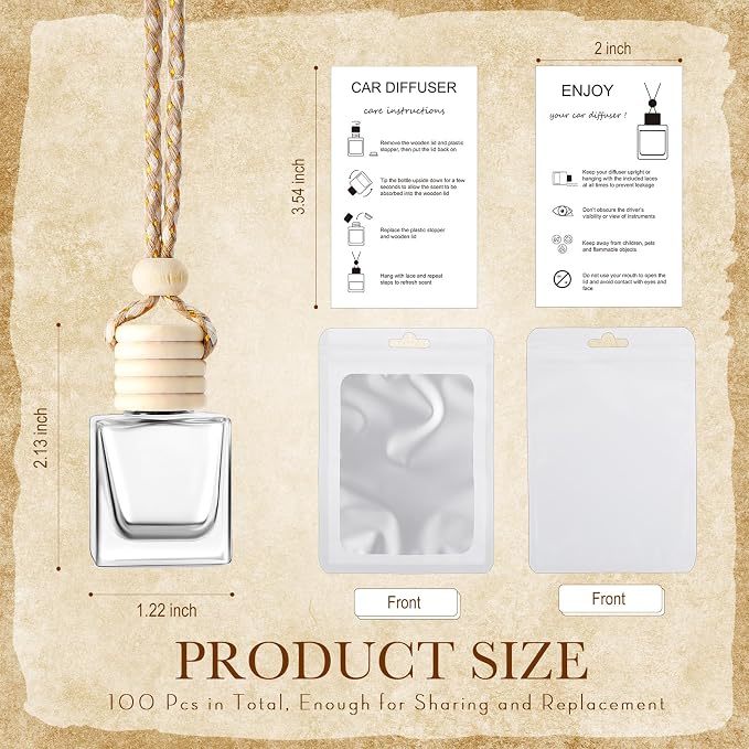 Boao 50 Sets Hanging Car Air Freshener Diffuser Bottles with Instruction Card and 4 x 6'' Resealable Holographic Bag for Empty Car Essential Oil Perfume Bottles Packaging (Cube)