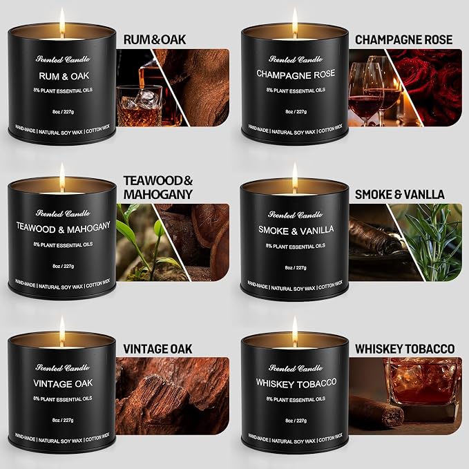 Scented Candles for Men - 6 Pack Masculine Scented Candles Set, 8oz Natural Soy Wax Candles with Essential Oils, Long Lasting Aromatherapy Candle Gift of Father, Husband, Men