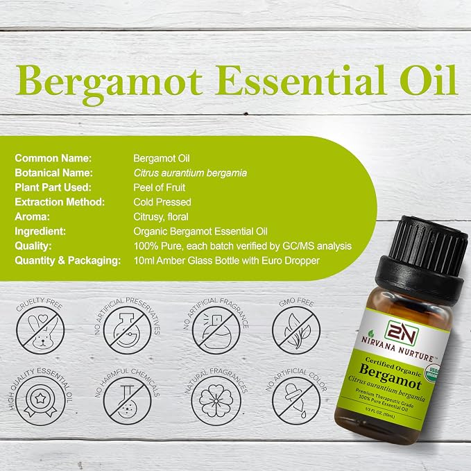 Bergamot Essential Oil, USDA Certified Organic, 100% Pure Undiluted, Aromatherapy Oil for Diffuser, Hair & Skin Care