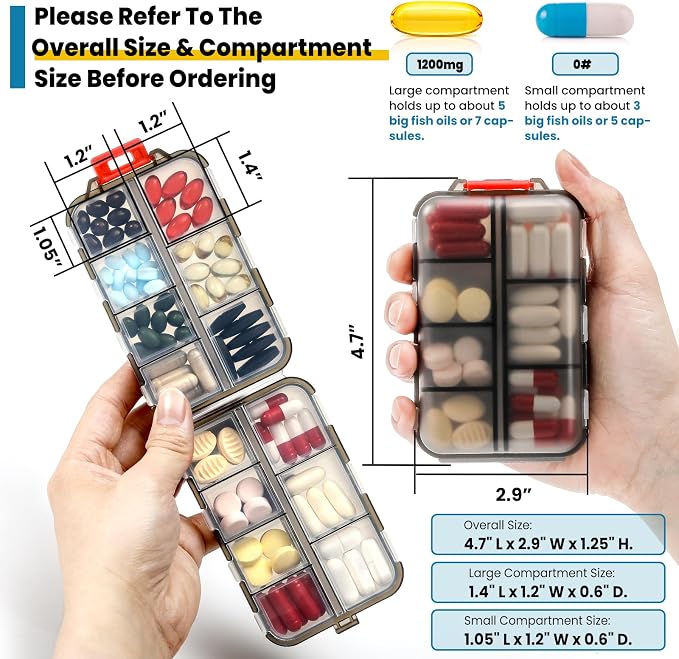 14 Grids Travel Pill Organizer Box with 415-Pcs Medicine Name Labels - Pocket Daily Pharmacy Case Container Kit - Travel Medication Holder Dispenser for Fish Oil Vitamin Supplement Storage -Clear Grey