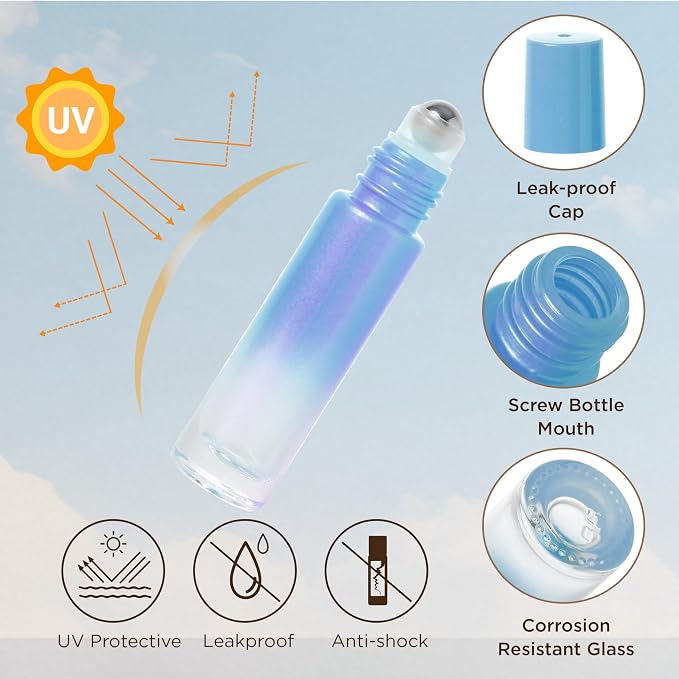 SESENSE Essential Oil Roller Bottles, 10ml Thick Glass Perfume Roller Bottles with Funnel Opener and Dropper Colored Glass Empty Bottles with Stainless Steel Roller Balls (Blue, 12 Pack)