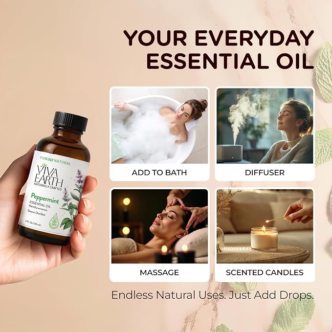 Peppermint Essential Oil – 100% Pure and Natural Peppermint Aroma for Diffusers, Aromatherapy, Hair and Scalp Care, Skin Care, Massage Oils, Soap and Candle Making – with Dropper, 4 oz