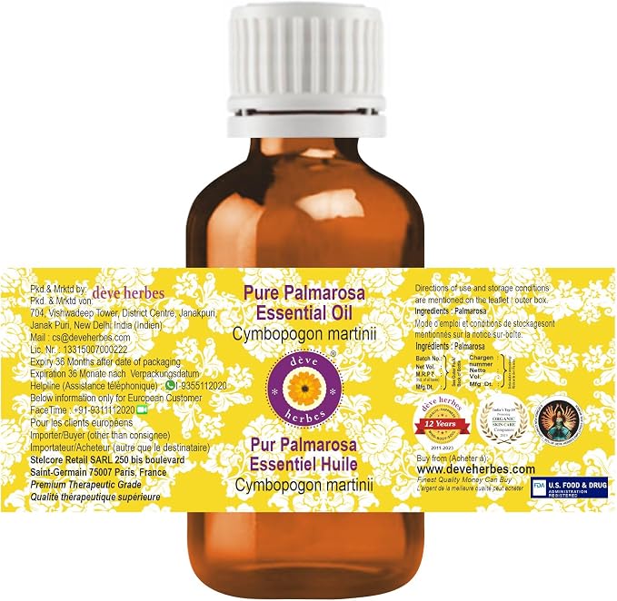 dève herbes Palmarosa Essential Oil (Cymbopogon martinii) Pure | Non-Sticky | Non-Greasy | Lightweight | Men & Women | All Skin Types | Steam Distilled 15ml (0.5 oz)