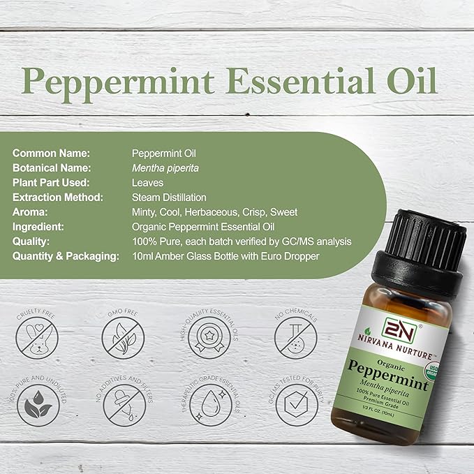 Peppermint Essential Oil, USDA Certified Organic, 100% Pure Undiluted, Aromatherapy Oil for Diffuser, Hair & Skin Care
