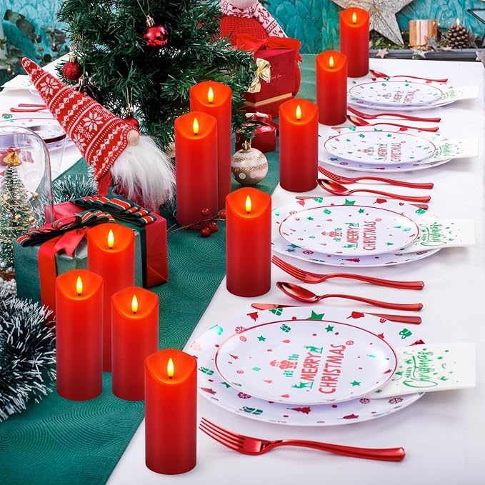 YOROXRG 24 Pack Christmas Decoration Flickering Flameless Candles,LED Candles Battery Operated Pillar Candles with Remote Control.for New Year, Home Decor, Parties,Wedding(D2.2 xH 5" 6" 7" Red)
