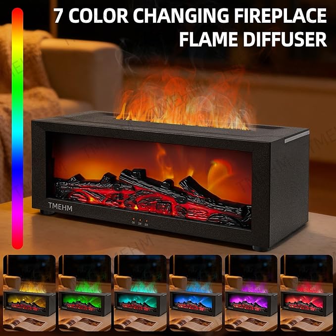 TMEHM Fireplace Flame Air Diffuser Humidifier,7 Colors Aromatherapy Essential Oil Diffuser,Ultrasonic Aroma Humidifier with Timer for Home,Bedroom,Office,Yoga (Black)