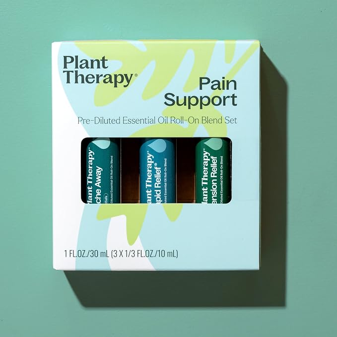 Plant Therapy Pain Support Essential Oil Roll On Blend Set, 10 mL (1/3 oz) Each of Ache Away, Rapid Relief & Tension Relief, Pure, Pre-Diluted, Essential Oil Blends