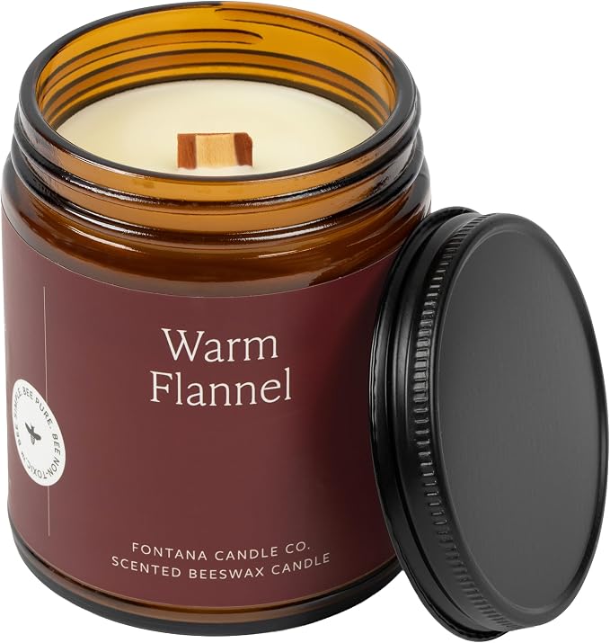 Fontana Candle Co Wood Wick Beeswax Jar Candle, Warm Flannel – Made Safe with Coconut Oil & Pure Essential Oils – 35+ Hrs Clean Burn, Long Lasting and Non-Toxic Candles for Home & Room Décor