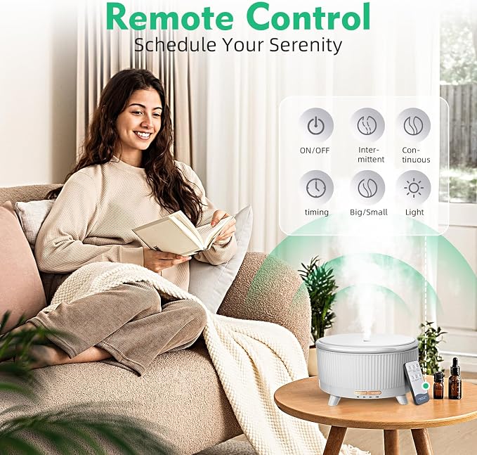 500ML Large Capacity Essential Oil Diffuser, Ultrasonic Aromatherapy Diffuser with 7 Color LED Lights with Remote Control, Cool Mist Humidifier, Timed Mist, Auto Shut-Off (Pure White)