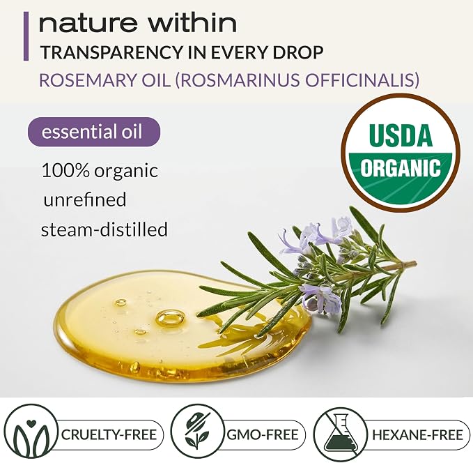 Ella & Eden Organic Rosemary Oil For Hair Growth - 2 Fl Oz, USDA Certified, 100% Pure, Steam-Distilled, USA Made, Hexane-Free - Rosemary Essential Oil for Skin, Aromatherapy - Glass Bottle