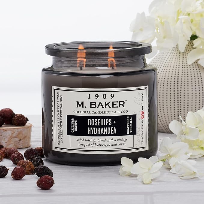 Colonial Candle Rosehips Hydrangea Scented Jar Candle | 2-Wick Natural Soy Blend Wax Candle for Home | Relaxing Aromatherapy Candle Infused with Essential Oils | M. Baker Apothecary Glass Jar Candle