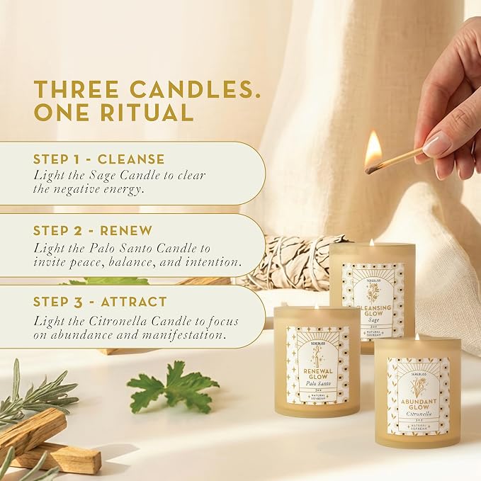 Set of 3 Energy Cleansing & Manifestation Smudge Candles - Palo Santo, White Sage, Citronella - Candle Pack for Home with 45-50 Hour Burn - Soy Wax Aromatherapy Spiritual Gift Set