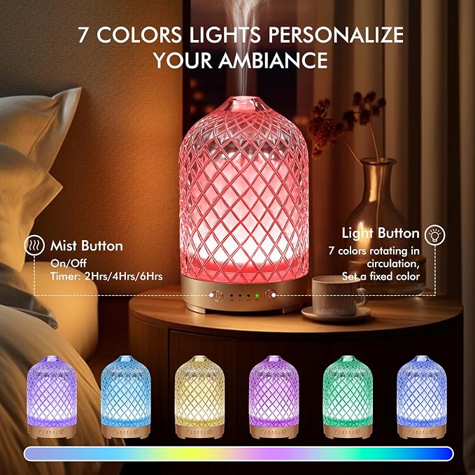 Essential Oil Diffuser for Home- 200ml Aromatherapy Diffuser for Essential Oils with 4 Timer, 7 Color LED Lights Waterless Auto Shut-Off for Home Office Décor Gifts for Women