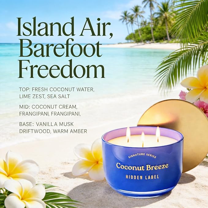 Coconut Breeze Scented Candle, 18oz Natural Soy Wax Non Toxic, 3-Wick Large Candles for Home, Up to 75Hours Long Lasting,Clean Burn Aromatherapy Candle for Home Decor and Housewarming Gifts