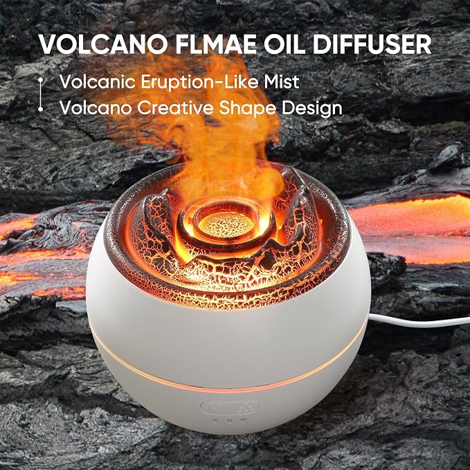 YALEDI Essential Oil Diffuser, Volcano Flame Fire Oil Diffuser, 360ml Ultrasonic Cool Mist Aromatherapy Humidifier, Scent Diffuser with 7 Colors Light, Timer & Auto Shut-Off for Home, Room (White)