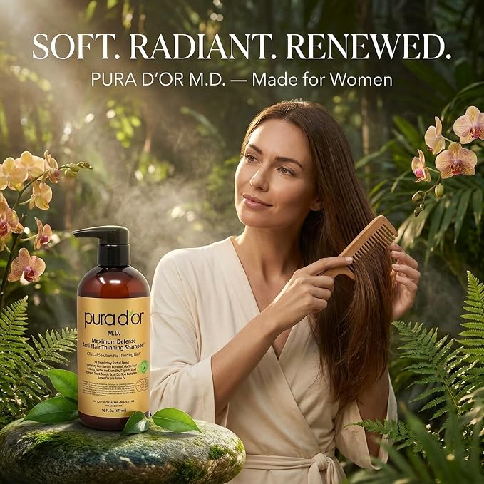 PURA D'OR MD Anti-Hair Thinning Maximum Defense Shampoo - 0.5% Coal Tar, Biotin, Proprietary Herbal Blend For Dry & Itchy Scalp, No Sulfates - For Men & Women, Strong Coal Tar Scent 16 Oz