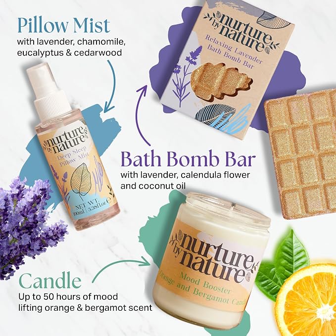 Nurture by Nature Self Care Gifts for Women - Spa Gift Baskets for Women & Relaxation Gifts | At Home Spa Kit | 6 Piece Bath Set with Pillow Spray, Candle, Bath Bomb & Bath Salts