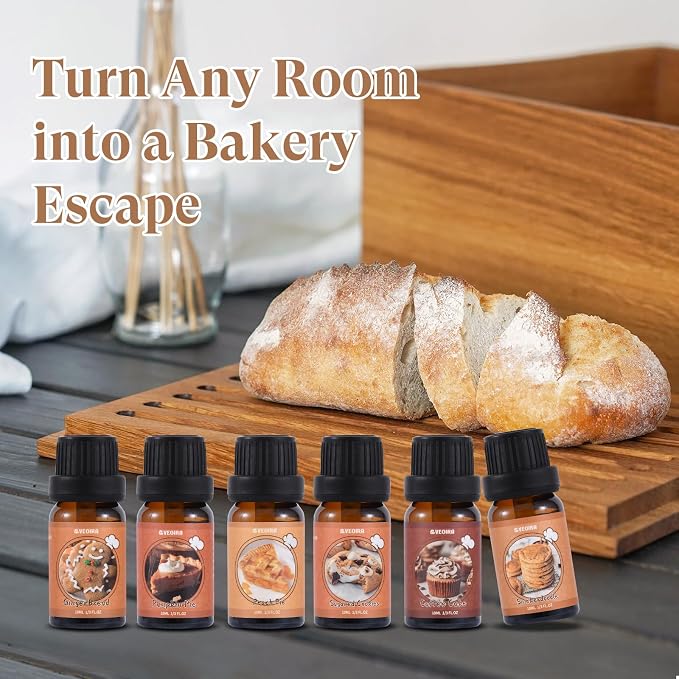 Bakery Fragrance Oils Set, AVEOIRA Sweet Essential Oil Set for Diffuser, Candle, Soap Making Scented Oils, Peach Pie, Pumpkin Pie, Snickerdoodle, Coffee Cake, Sugared Cookies, Gingerbread, 6x10ml