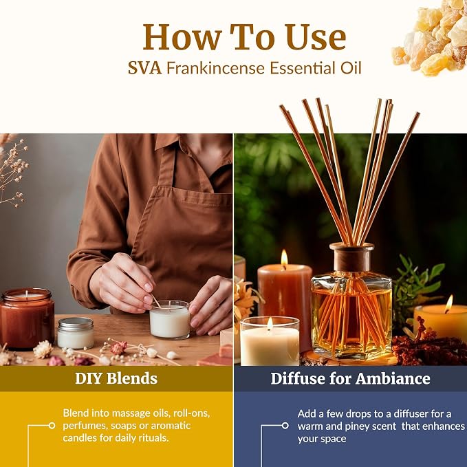 SVA Frankincense Essential Oil – 1 Fl Oz – 100% Natural Boswellia Serrata Oil - for Diffuser, Hair Care, Face, Skin Care, Aromatherapy, Scalp and Body Massage, Soap and Candle Making - with Dropper