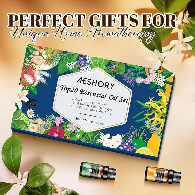 Natural Essential Oils Gift Set, 20 x 10ML Essential Oil for Diffuser, Humidifiers, Skin Care, Massage, Fragrance Oil for Candle & Soap Making, Lavender, Eucalyptus, Tea Tree More Aromatherapy Oil